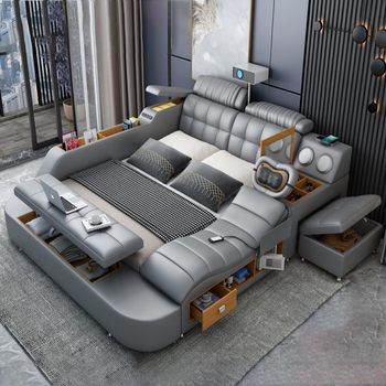 New Multifunctional Smart Massage Tatami Leather Bed Modern Minimalist Projector Master Bedroom 1.8m Double Large