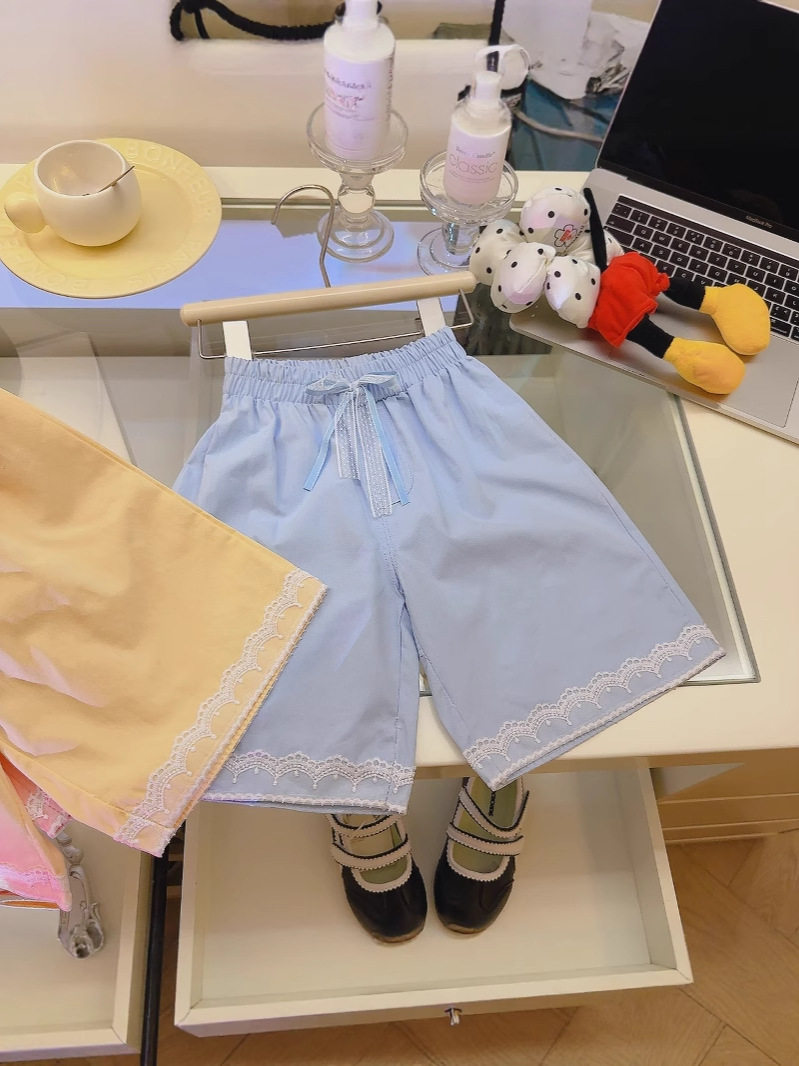 Women's Double-Stripe Lace Shorts, New Summer High-Waist Loose Flowy Wide-Leg Straight Shorts with Bow, Versatile Style