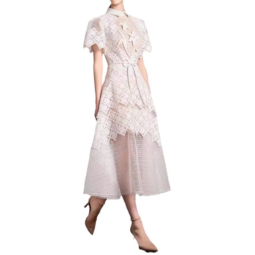 Đầm maxi nữ thêu ren cổ polo tay ngắn cạp cao midi — Màu như ảnh