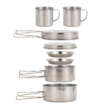 Popular Outdoor Stainless Steel Camping Pot 8-Piece Set for 5-6 People Foldableing Portable Barbecue Combination Pot