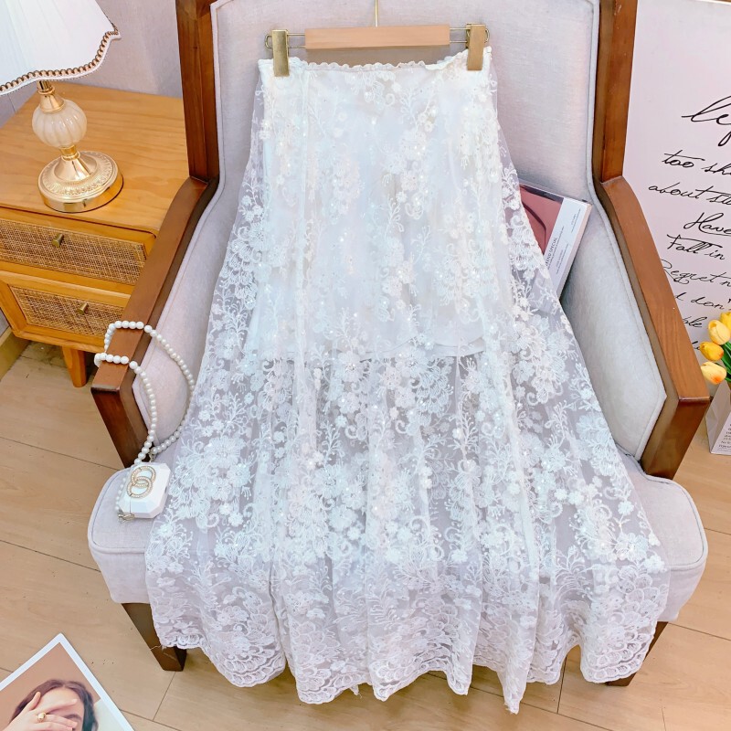 Chân váy midi dáng xòe thêu hoa toàn bộ viền lượn sóng — Đen tuyền, Trắng ngọc trai, Xám bạc
