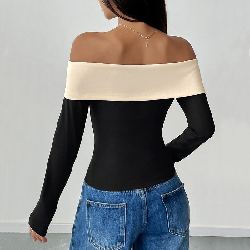 Off Shoulder Color Block T Shirt Sexy Bow Design European and American Style Casual Wear Wholesale Available