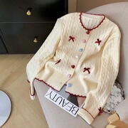 Soft and Fluffy Bowknot Heart-Shaped Colorful Button Sweet Round Neck Knitted Cardigan Women's Short Lazy Style Cable Knit Sweat