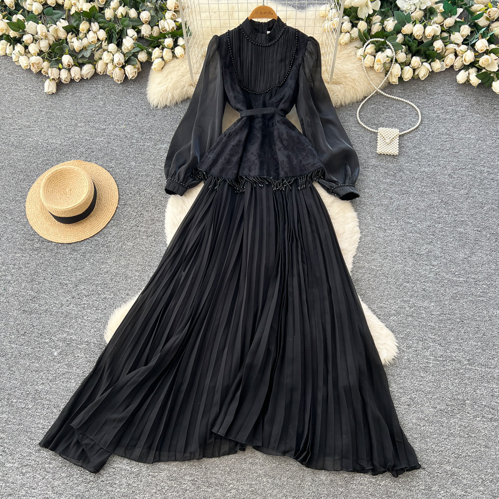 French Style High End Beaded Lantern Sleeve Tassel Dress Waist Tie A Line Silhouette Elegant for Office Wear