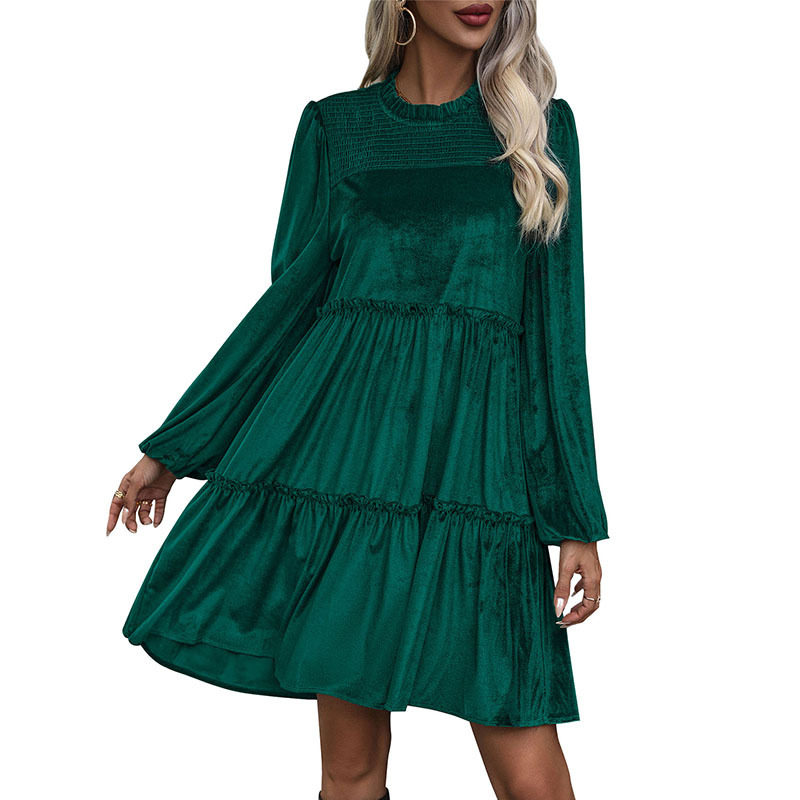 Green Velvet Dress Elegant Autumn Style Perfect for Christmas Celebrations Wholesale Available