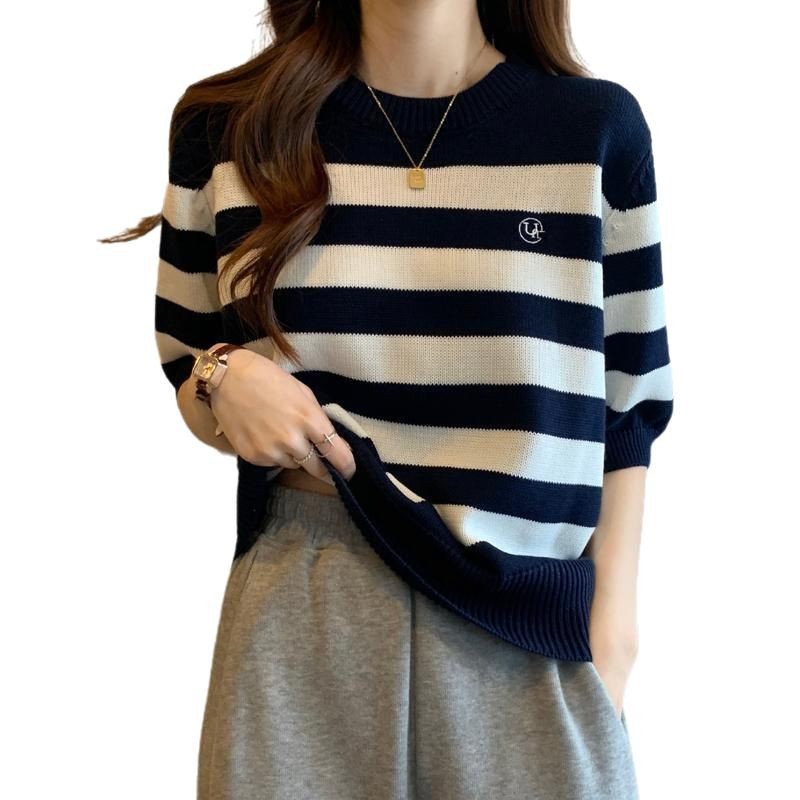 Plus Size Womens Loose Fit Short Sleeve Knit Top Striped Pattern Summer Casual Wear