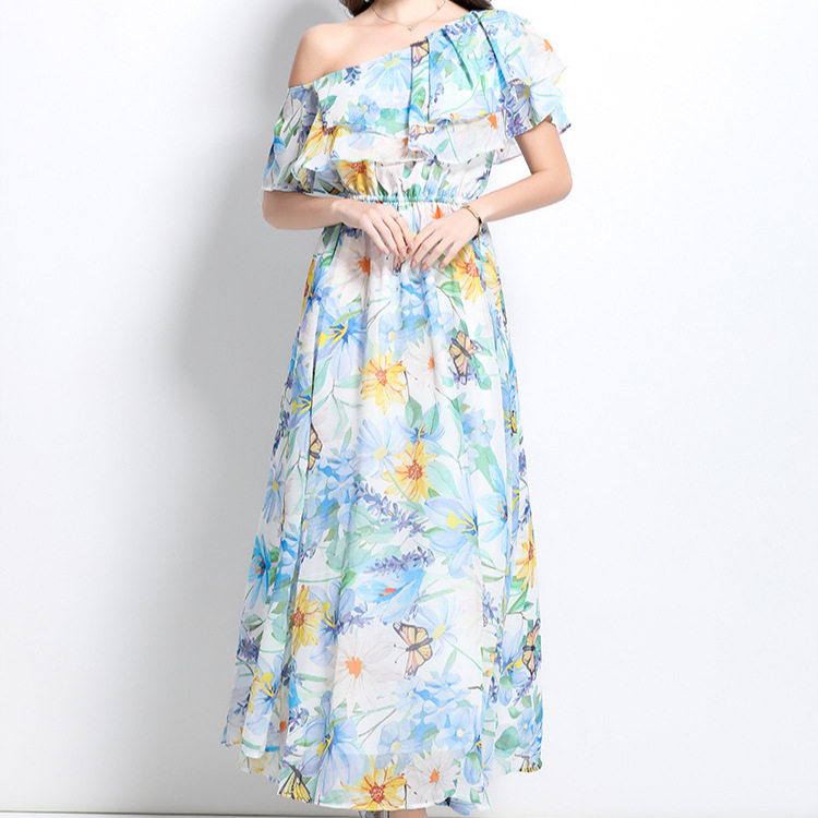 Floral Chiffon Maxi Dress for Women Off Shoulder Ruffled Hem Waist Defined Elegant Style Perfect for Spring