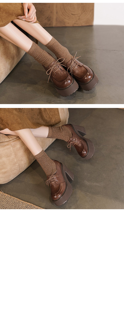 Giày cao gót nữ 12cm gót thô dây buộc phong cách lười đế xuồng — màu đen, Màu nâu nhạt
