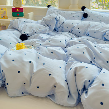 Korean Cream Ins Cute Black Fur Ball Blue Wave Point Cloud Sense Double Yarn 1.5 m1.8 Bed Sheet Quilt Cover 3-4 Piece Set