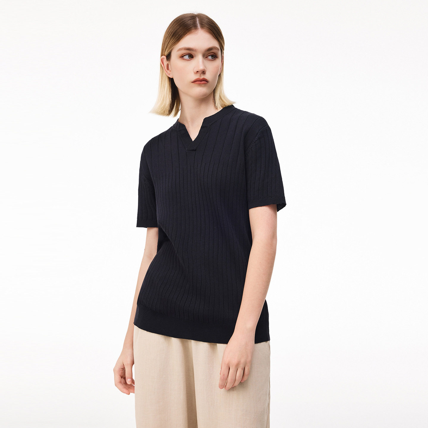 老钱风小V领短袖通勤针织衫纯色 26春夏新款莱赛尔条纹休闲上衣男