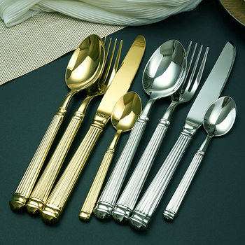 Forged 304 Stainless Steel Solid Roman Column Western Cutlery Set of Four Pieces, Restaurant Steak Tableware Set, Light Luxury