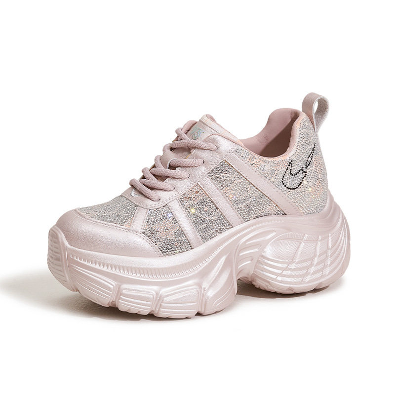 Giày sneaker nữ chunky đế dày rhinestone phong cách đế xuồng, gót siêu cao 8cm, form mũi tròn, cổ thấp, dây buộc — Hồng, Bạc, Trắng