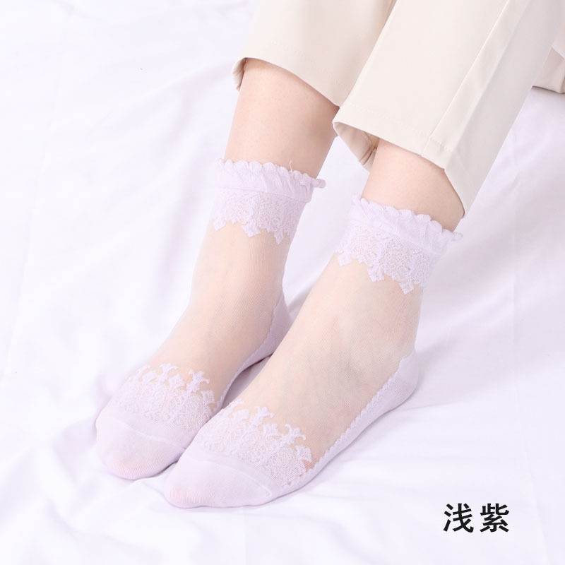 春季薄款中筒袜棉底玻璃丝袜子女蕾丝花边短款袜子防滑透气水晶袜