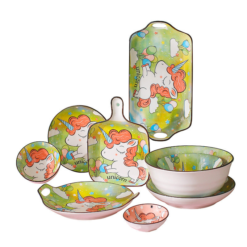 Unicorn ceramic bowl plate Japanese cartoon hand-painted tableware cute household children's rice noodle bowl dish plate suit