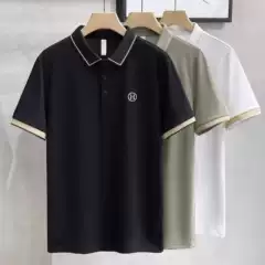 Light luxury gold striped ice silk polo shirt men's short sleeve slim fit business casual letter embroidered lapel T-shirt