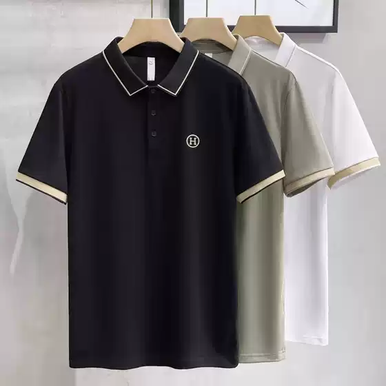 Light luxury gold striped ice silk polo shirt men's short sleeve slim fit business casual letter embroidered lapel T-shirt