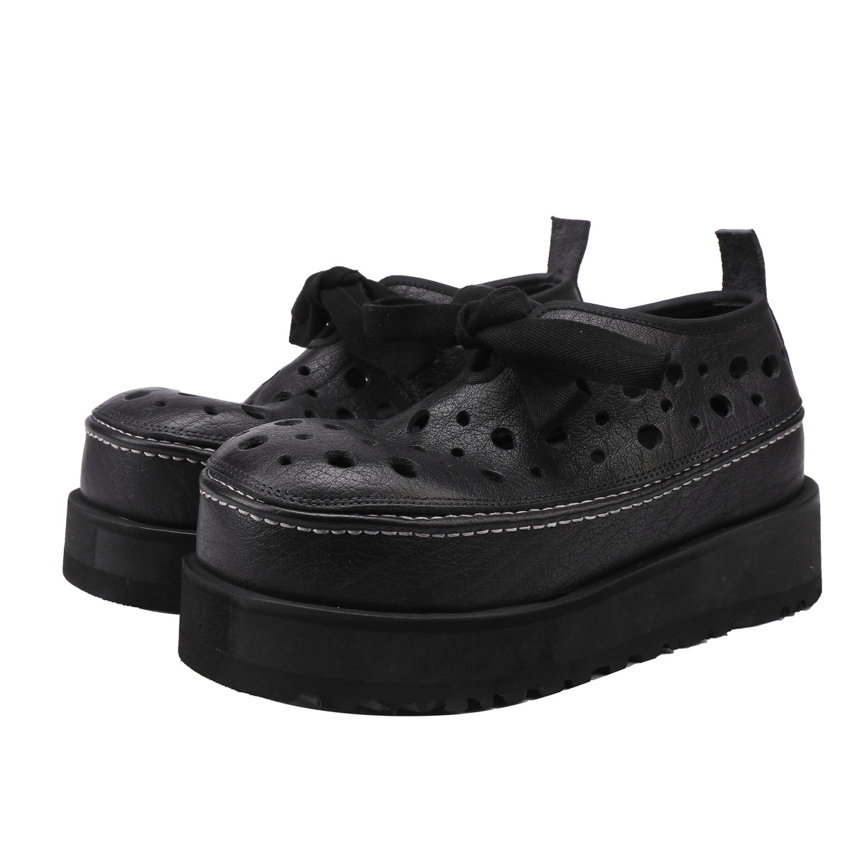 Sandal nữ đế dày 7cm da bò đầu lớp, mũi tròn, quai buộc phía trước — màu đen, Xanh nhạt