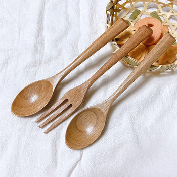 Beech spoon Fork set salad fruit fork mixing spoon Japanese household kitchen wooden tableware factory wholesale