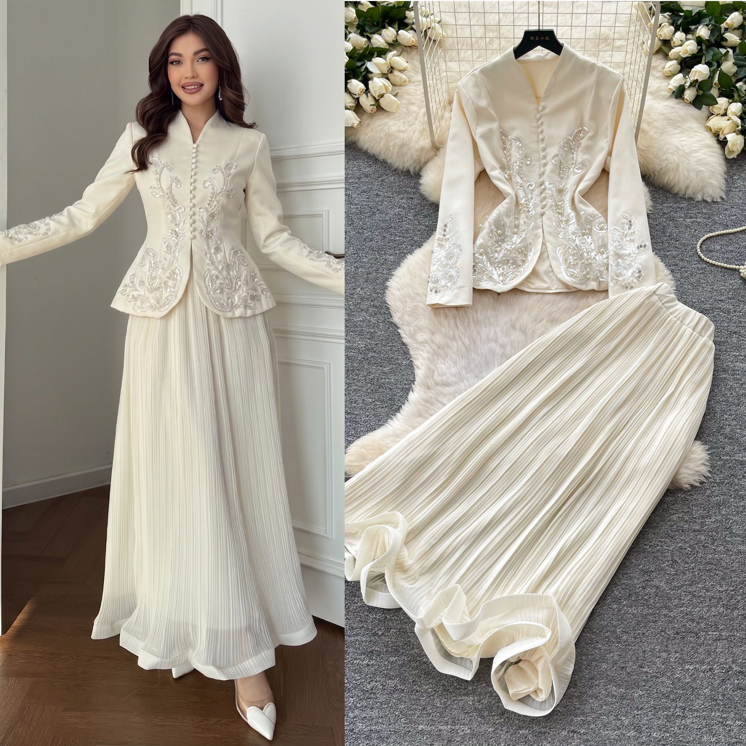 French Style V Neck Embroidered Jacket with High Waisted Pleated Skirt Elegant Lightweight Two Piece Set for Spring and