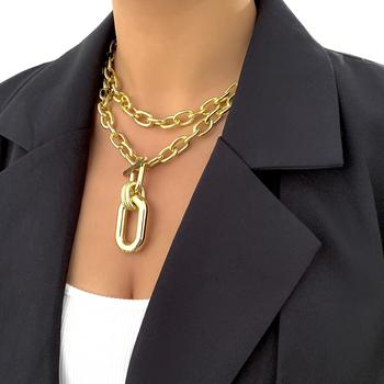 Amazon Fashion New paper clip buckle pendant necklace thick paper clip chain double-layer clavicle chain