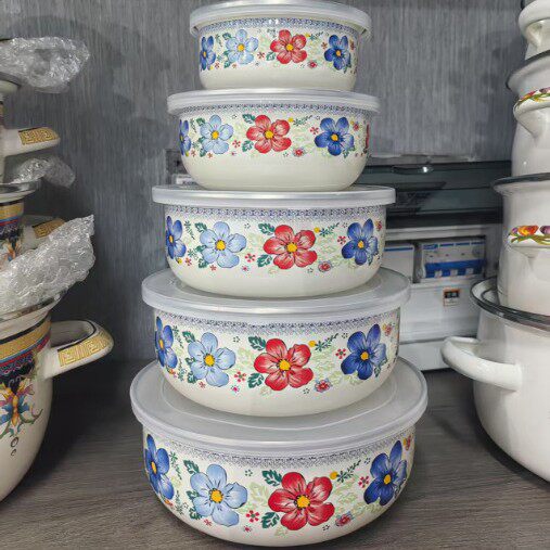 Старомодная эмалированная миска с крышкой, утолщенная герметичная миска, набор чаш, кухонная миска для хранения, ностальгическая миска для овощей, миска для супа, миска для риса, миска для сохранения свежести Изображение 1
