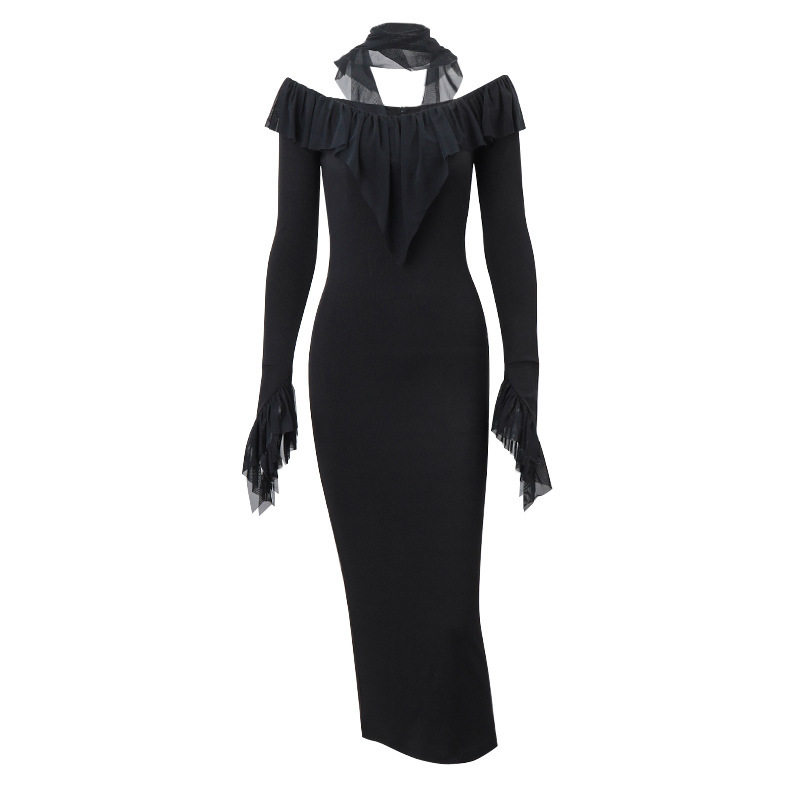 Elegant Long Sleeve Bodycon Dress Off Shoulder Design Fringe Detail High Waist Flared Sleeves Perfect for Autumn