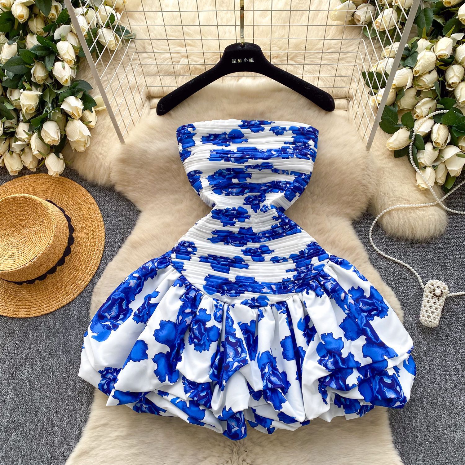Off Shoulder Ruffle Hem Mini Dress French Vacation Style Pleated Elastic Fabric Unique Design Perfect for Summer