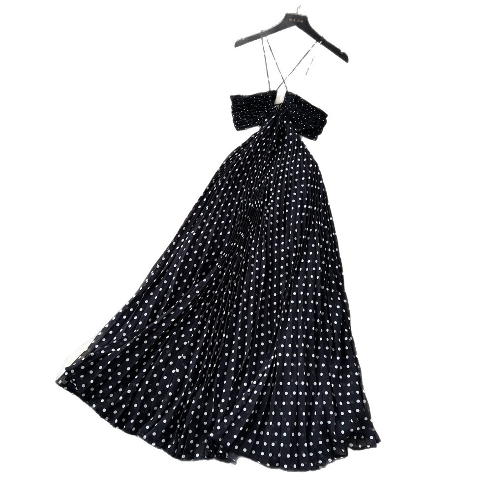 French Polka Dot Maxi Dress Sexy Backless V Neck Waist Defining Elegant Style Perfect for Evening Events