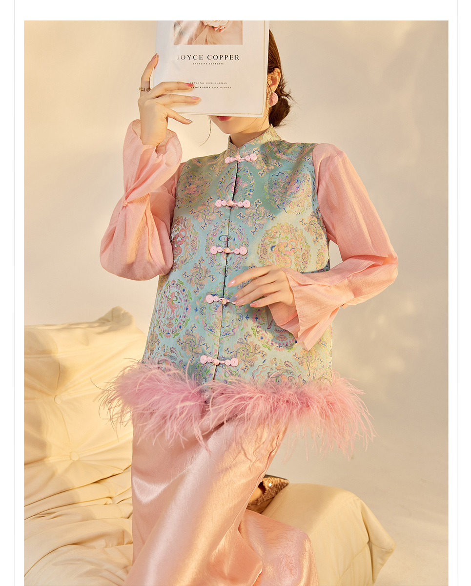 Áo gile nữ dáng vest chất liệu vải jacquard satin, có thể tháo lông — màu xanh