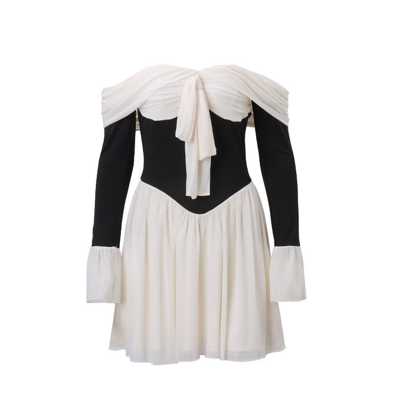Off Shoulder Dress French Court Style Slim Fit Flared Sleeves Elegant Design Autumn Collection Wholesale Available