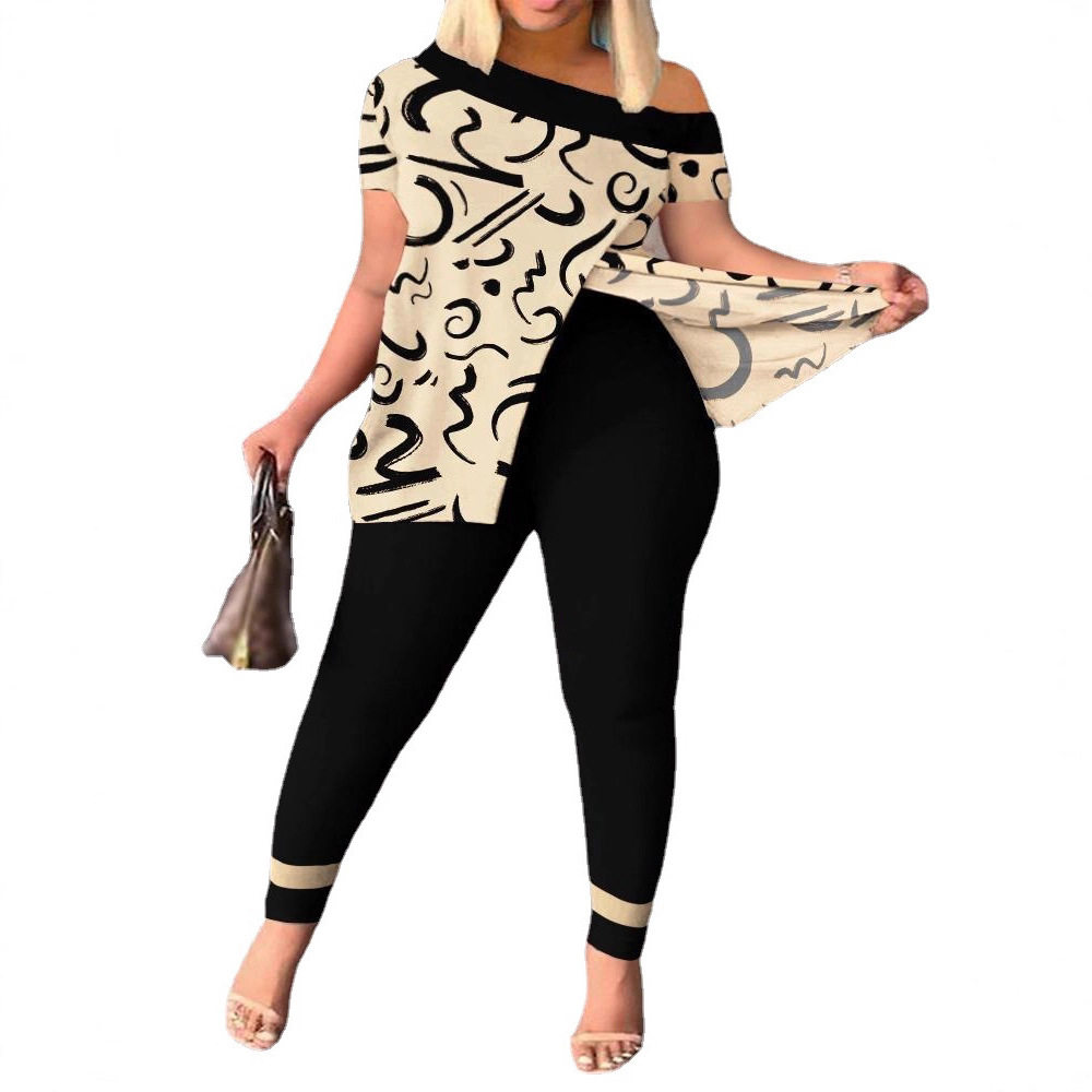 2024秋季欧美跨境女装亚马逊速卖通斜领长裤两件套时尚印花套装女