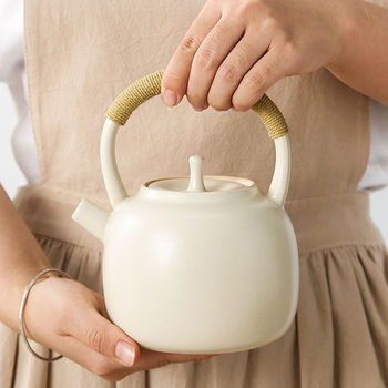 Japanese-Style Soda-Glazed Teapot for Health-Preserving, Handmade, Simple, New Chinese-Style Teahouse, Handle Kettle, Ceramic Water Boiling Pot, Clay Pot