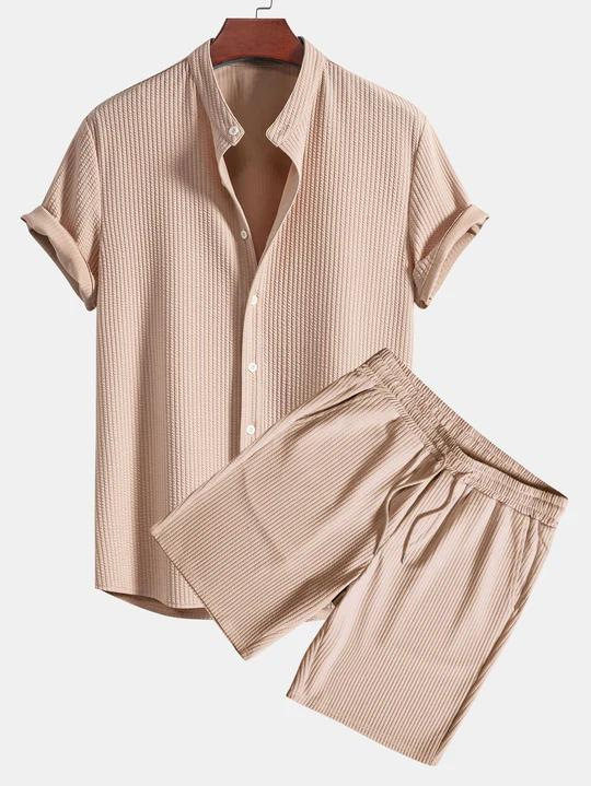 欧美速卖通外贸独立站男休闲宽松多色沙滩装坑条短袖套装两件套