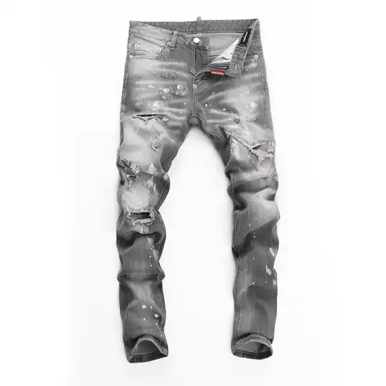 2022 autumn and winter gray stretch washed ripped skinny nightclub fashion straight D2 Jeans men's pants