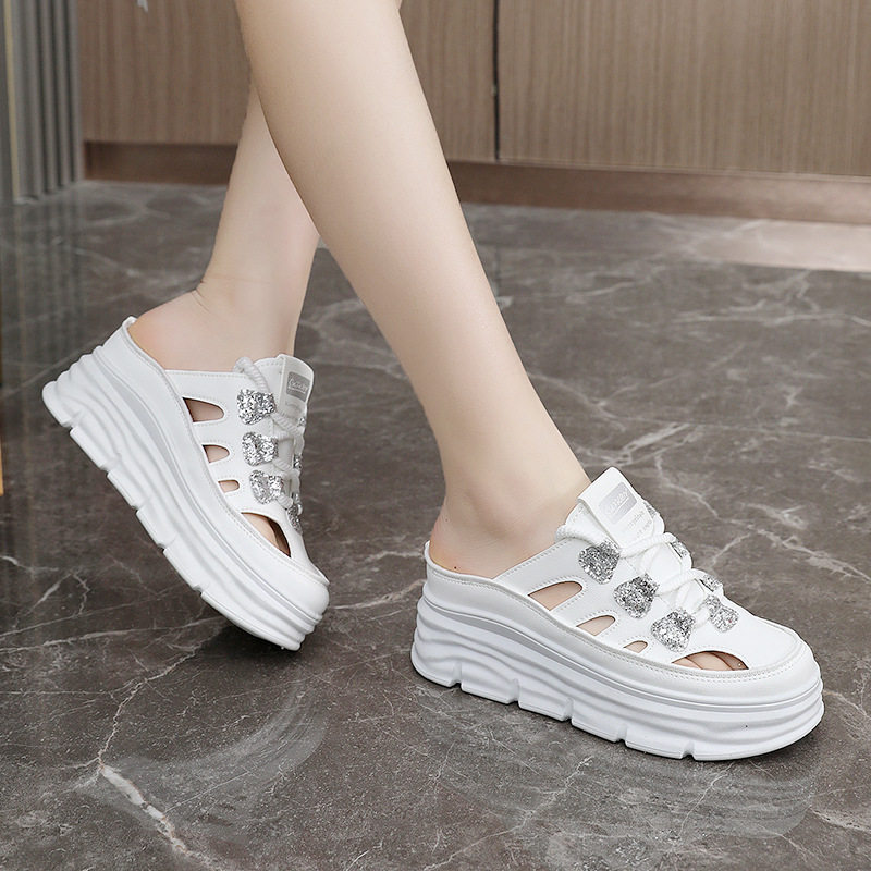 W3650 New Half-Slip Women's 2024 Summer Cut Out Heightening White Shoes Thick-Soled Casual Shoes Women's Sandals Breathable