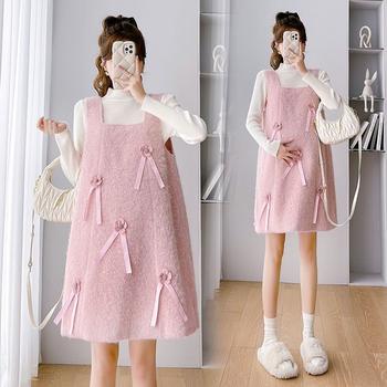 Maternity Autumn and Winter Set Knitted Base Shirt + Babydoll Suspender Skirt Two-Piece Thick Loose Full Set