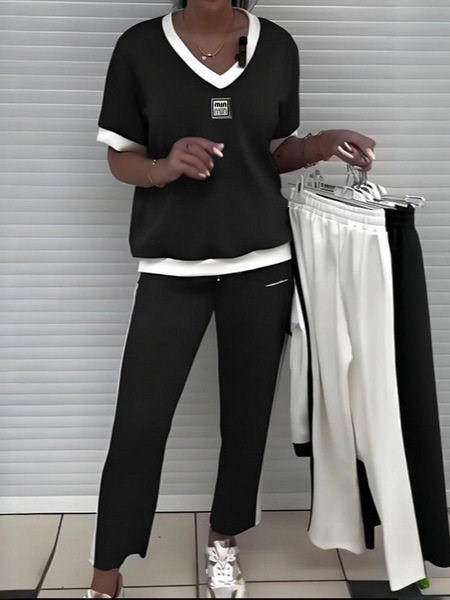 Amazon Casual Solid Color V-Neck Two-Piece Women's Sports Suit Wholesale