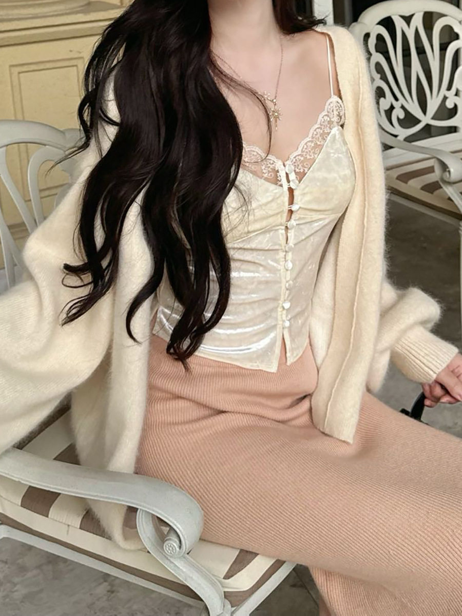 Slow Rhythm Small Proportion Rabbit Velvet Fishtail Knitted Skirt Women's Autum Elegant Pure Color Slim Straight Skirt Long Skirt