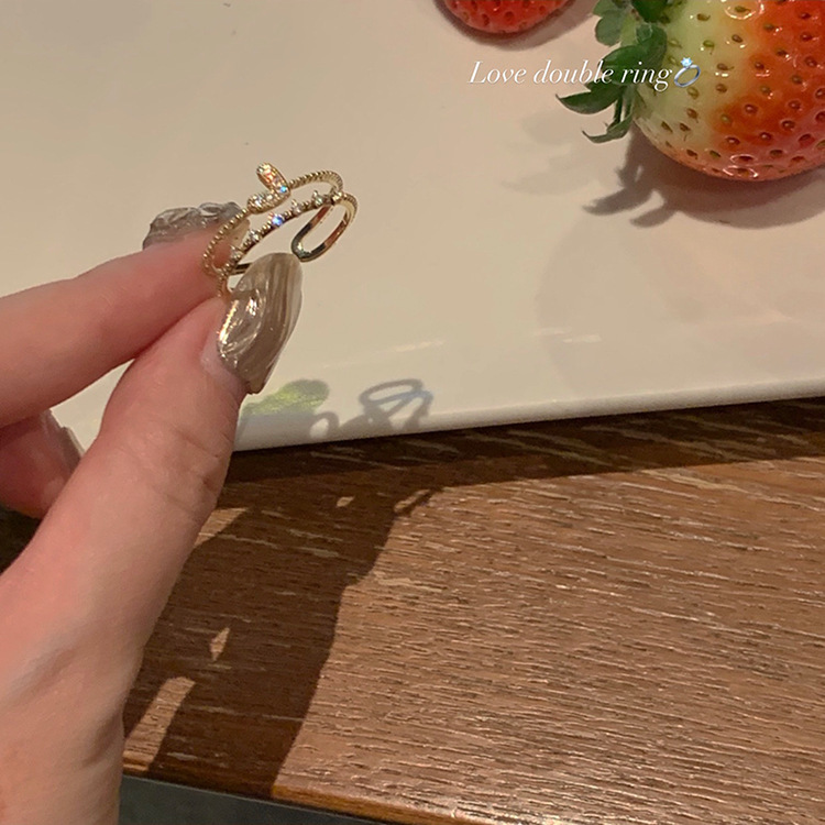 韩国轻奢高级感锆石珍珠戒指女复古小众设计蝴蝶结指环戒开口手饰