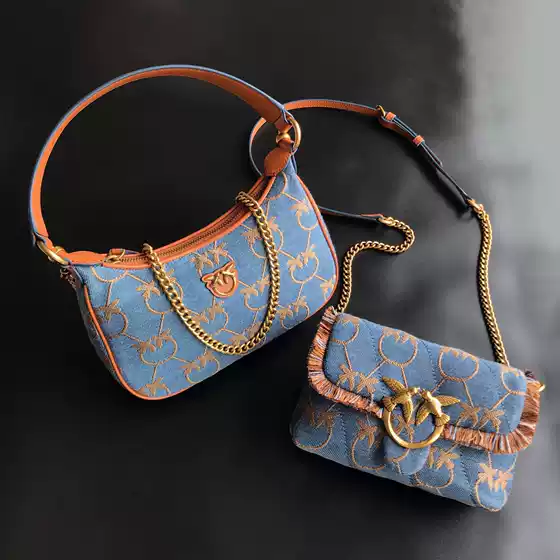 New Pinko Same Style Denim Half-Moon Underarm Puff Swallow Bag Mini Pillow Bag Chain Women's Bag