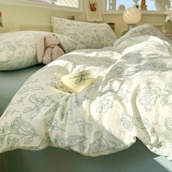 Maternity and Baby Grade a Aerobic Double-Layer Yarn Four-Piece Set Small Fresh Floral Quilt Cover Bed Sheetss and Fitted Bed Sheetss Student Dormitory 3-Piece Set