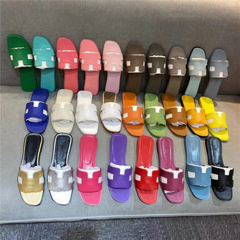 Cross-Border H Sheepskin Versatile Slippers H Home Palm Print Classic One-Line Flat Pattern Patent Leather Women's Sandals Casual