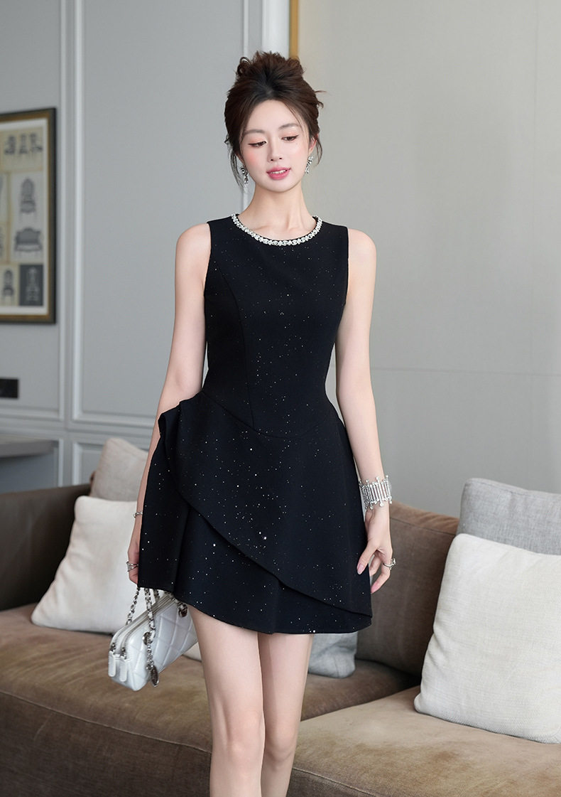 Đầm suông nữ midi cổ tròn không tay, eo cao, chữ A, phong cách Pháp — [Đen] chi tiết 7