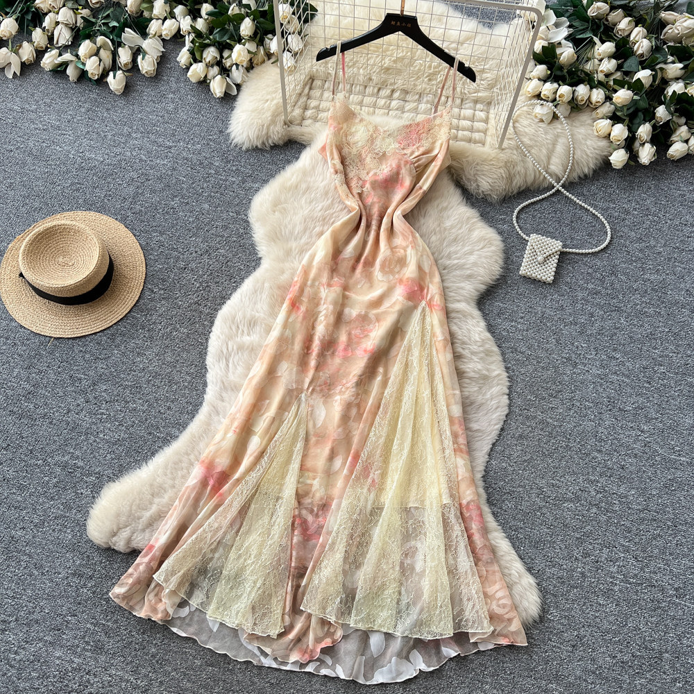 French Vacation Style Pink Floral Maxi Dress for Women High Waist Sleeveless Slim Fit Elegant Summer Wear