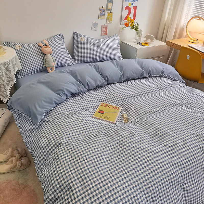 New Japanese style simple style plaid sanding four-piece set double bed hat dormitory three-piece set student bedding wholesale