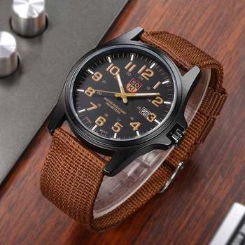 Fashionable and Simple Men's Military Watch with Nylon Woven Strap, Calendar Model, Casual Quartz Watch, Trendy Large Dial Sports Watch