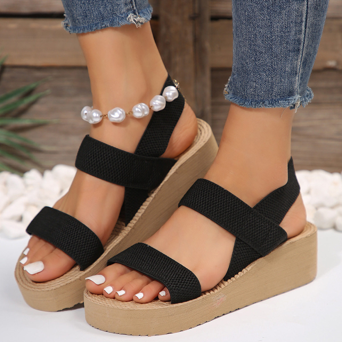 2024 Spring and Summer New Style Platform Heel Platform Women's Open Toe Sandals Stretch Elastic Wedge Hollow Women's Shoes in stock