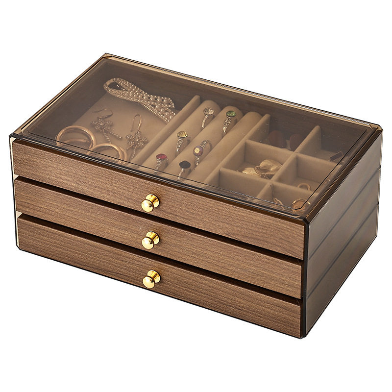 Walnut Color Three-In-One Jewelry Storage Box Multi-Functional Solid Wood Drawer-Type Jewelry Box Dust-Proof and Moisture-Proof Jewelry Box