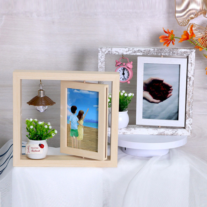 Photo frame manufacturers supply creative rotating double-sided photo wooden frame decoration wholesale couple gift commemorative photo frame