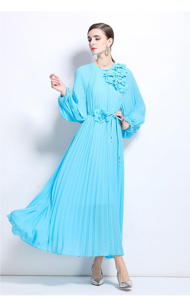Elegant Womens Dress French Beaded 3D Floral Design Lantern Sleeves Pleated Waist Defined Wholesale Available